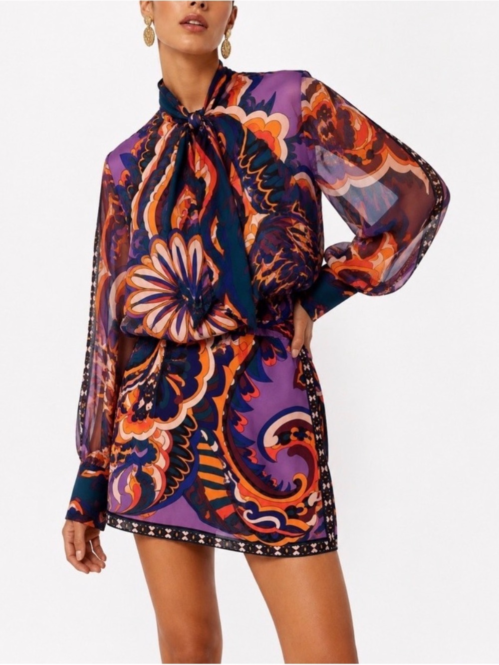 Zara Purple Boho Tie Neck Mini Dress L Sheer Balloon Sleeve Retro